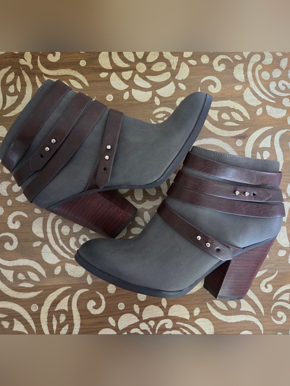 Studio Isola Gray Ankle Booties with Brown Strap Accents